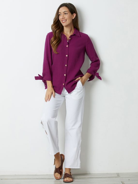 Hollyhock Solid with Buttons Bowknot Lapel Long Sleeve Blouse - Image 2