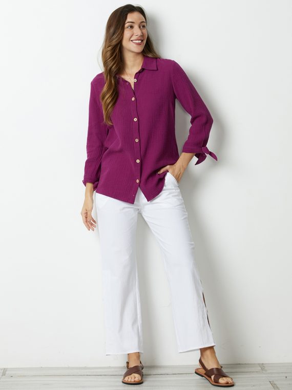 Hollyhock Solid with Buttons Bowknot Lapel Long Sleeve Blouse - Image 4