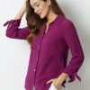 Hollyhock Solid with Buttons Bowknot Lapel Long Sleeve Blouse - Image 6