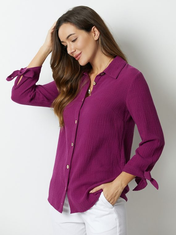 Hollyhock Solid with Buttons Bowknot Lapel Long Sleeve Blouse - Image 6