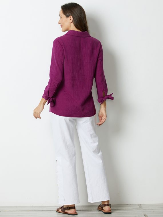 Hollyhock Solid with Buttons Bowknot Lapel Long Sleeve Blouse - Image 5