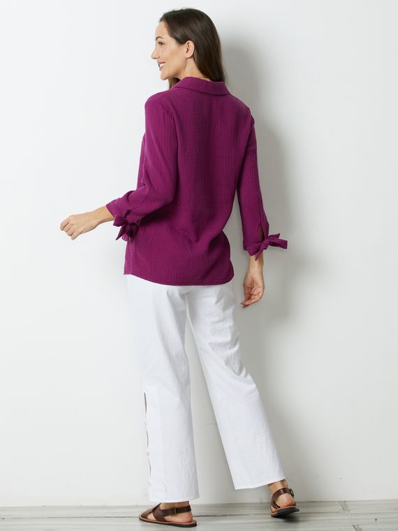 Hollyhock Solid with Buttons Bowknot Lapel Long Sleeve Blouse - Image 7