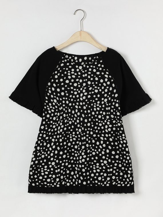 Black Casual Summer Short Sleeve Round Neck Tassel Spot Printed T-Shirt