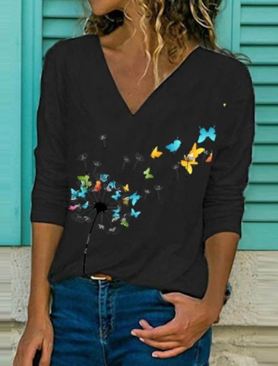 Dandelion Printed Casual V-neck Long Sleeve Blouse