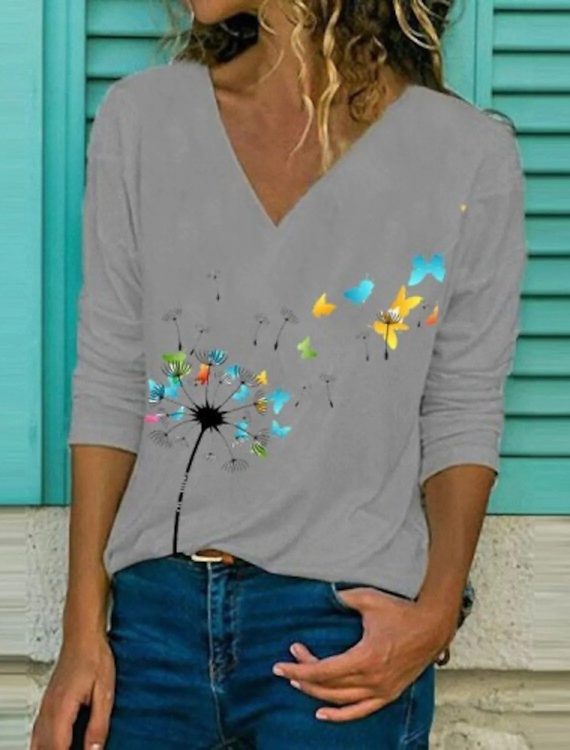 Dandelion Printed Casual V-neck Long Sleeve Blouse - Image 3