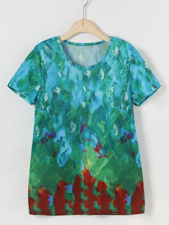 Aqua Multi Tie-dye Casual Summer Round Neck Short Sleeve Printed T-shirt