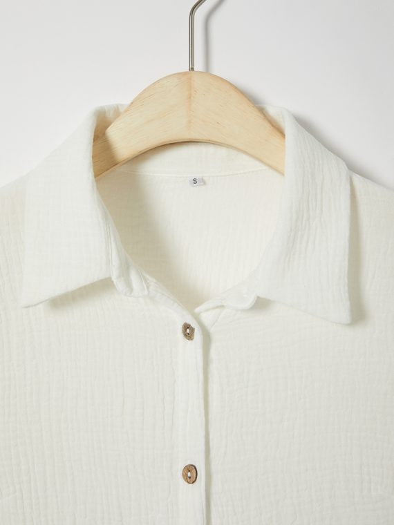 Hollyhock Solid with Buttons Bowknot Lapel Long Sleeve Blouse - Image 9