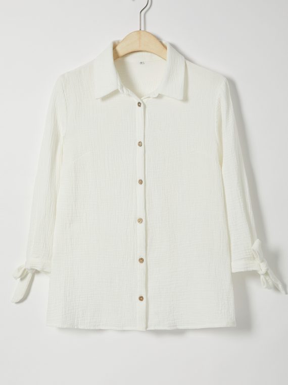 Hollyhock Solid with Buttons Bowknot Lapel Long Sleeve Blouse - Image 8