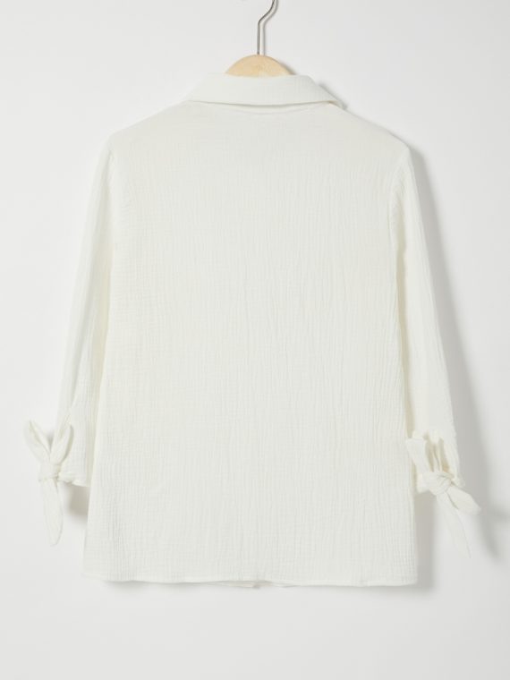 Hollyhock Solid with Buttons Bowknot Lapel Long Sleeve Blouse - Image 11