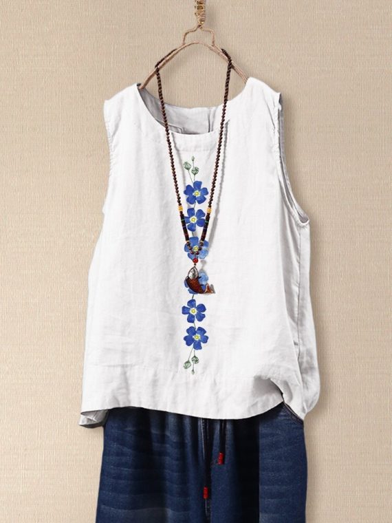 White Flower Printed Sleeveless Loose O neck Tank Top - Image 6