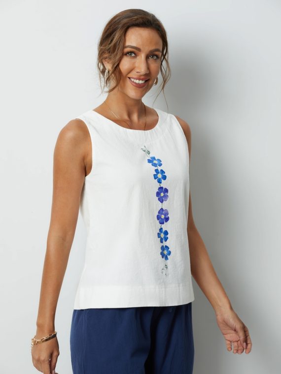 White Flower Printed Sleeveless Loose O neck Tank Top - Image 2