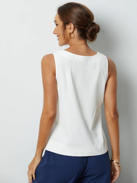 White Flower Printed Sleeveless Loose O neck Tank Top - Image 3