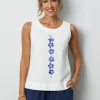 White Flower Printed Sleeveless Loose O neck Tank Top