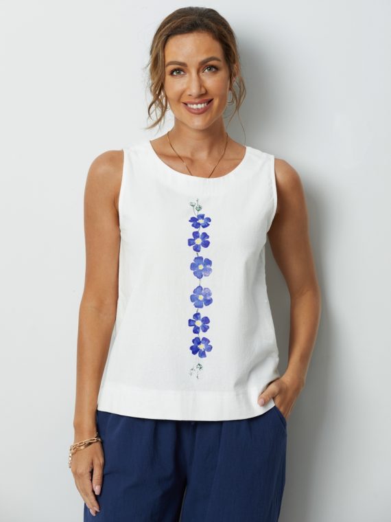 White Flower Printed Sleeveless Loose O neck Tank Top