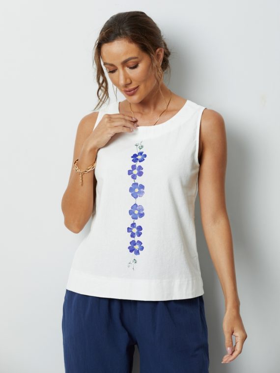 White Flower Printed Sleeveless Loose O neck Tank Top - Image 5