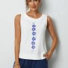 White Flower Printed Sleeveless Loose O neck Tank Top - Image 4