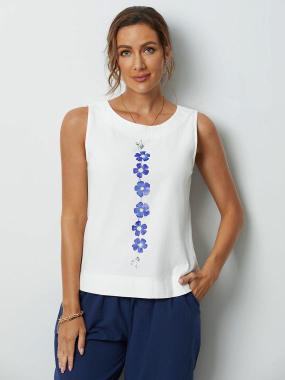 White Flower Printed Sleeveless Loose O neck Tank Top - Image 4