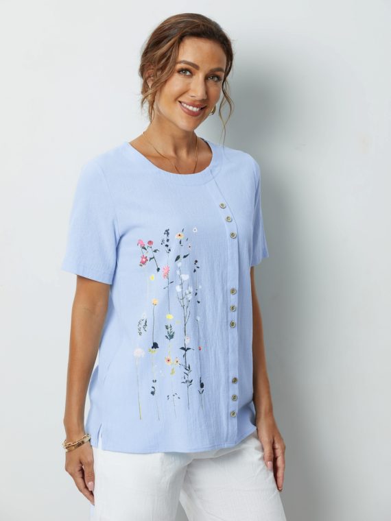 Blue Flower Printed Short Sleeve Blouse - Image 3