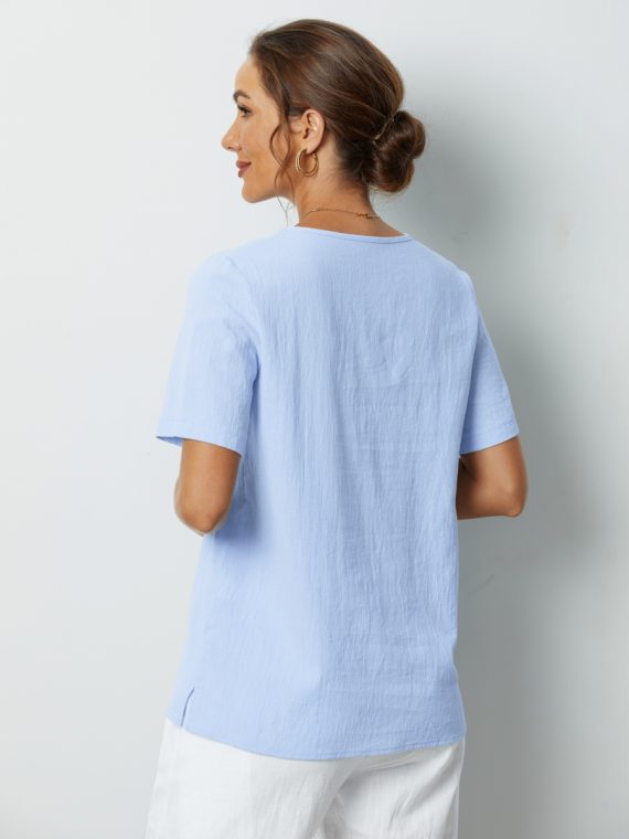 Blue Flower Printed Short Sleeve Blouse - Image 2