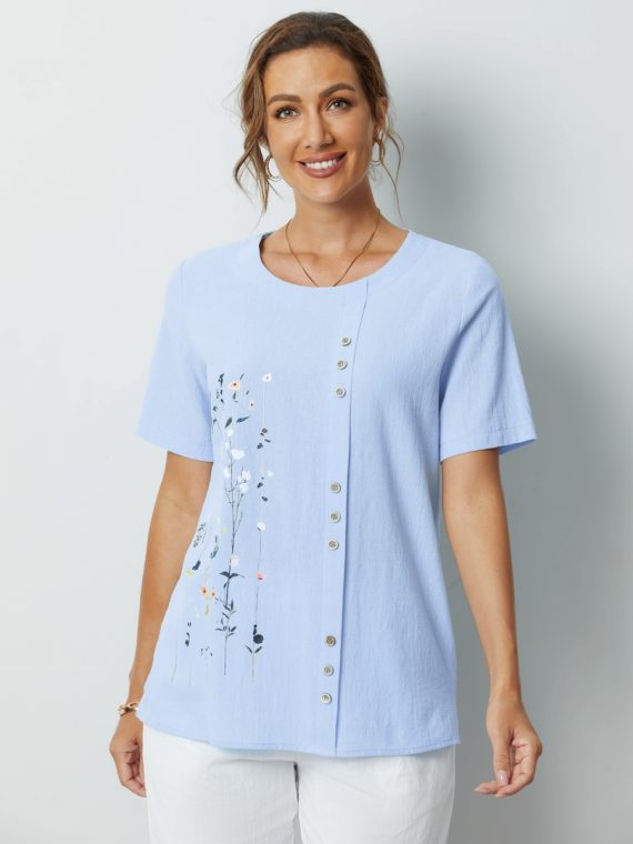 Blue Flower Printed Short Sleeve Blouse
