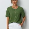 Green Solid Buttons Short Sleeve Blouse