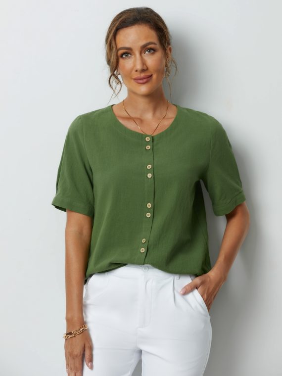 Green Solid Buttons Short Sleeve Blouse
