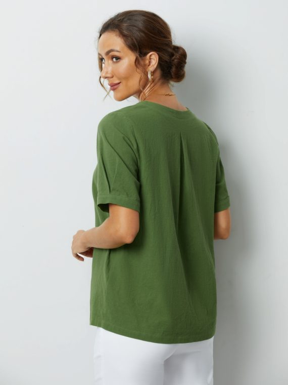 Green Solid Buttons Short Sleeve Blouse - Image 2