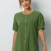Green Solid Buttons Short Sleeve Blouse - Image 3