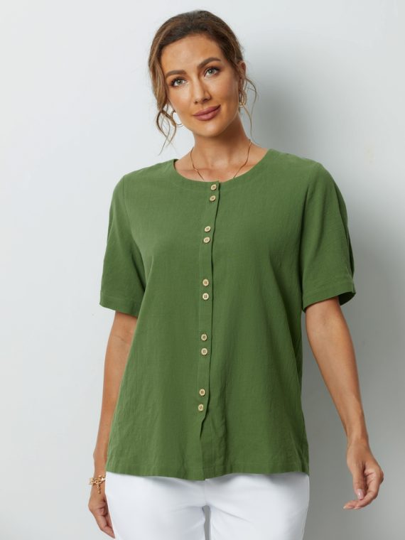 Green Solid Buttons Short Sleeve Blouse - Image 3