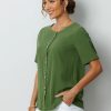 Green Solid Buttons Short Sleeve Blouse - Image 4