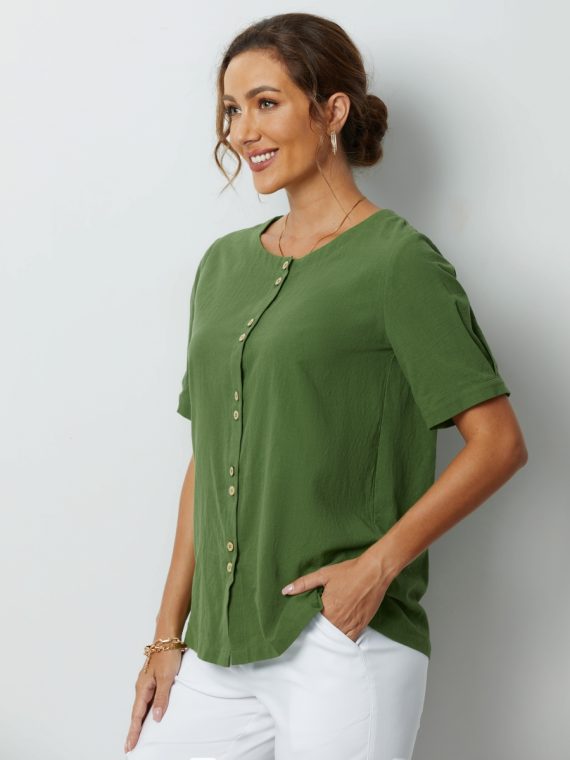 Green Solid Buttons Short Sleeve Blouse - Image 4