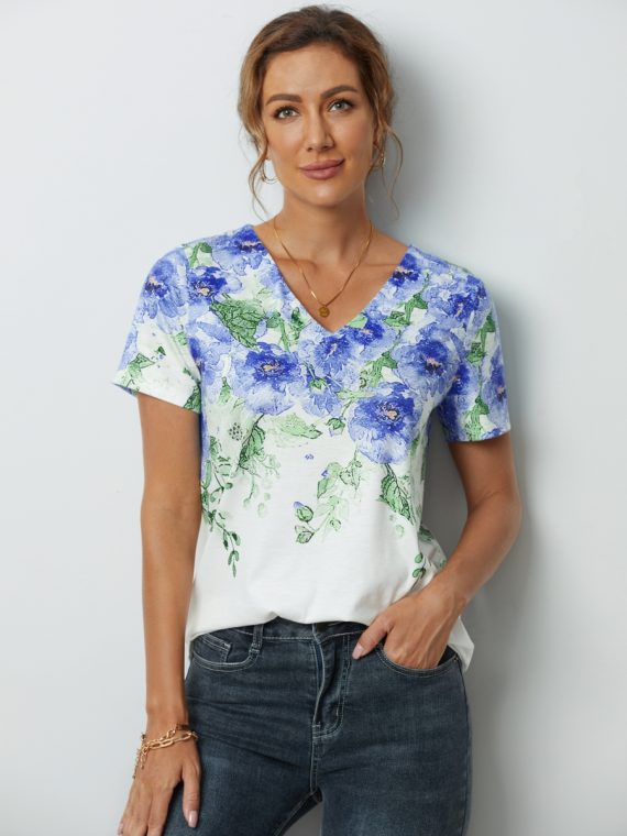 Casual Flower Printed V Neck Short Sleeve T-Shirt