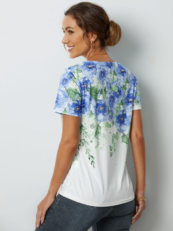 Casual Flower Printed V Neck Short Sleeve T-Shirt - Image 2