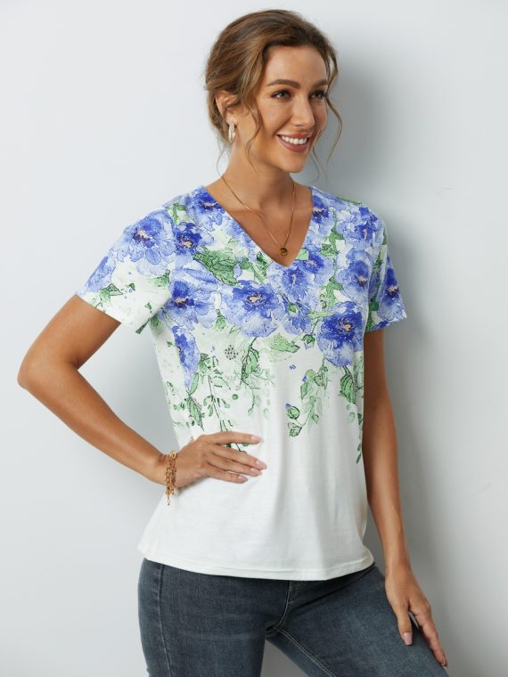 Casual Flower Printed V Neck Short Sleeve T-Shirt - Image 3