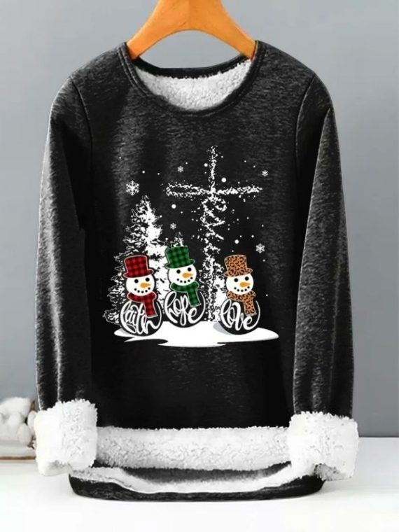 Black Casual Graphic Tops Round Neck Snoman Printed Long Sleeve Xmas Sweatshirts