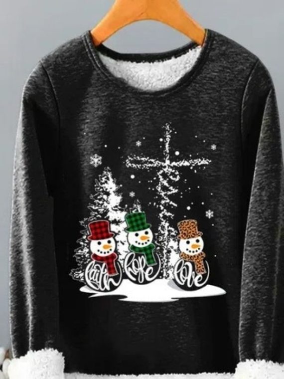 Black Casual Graphic Tops Round Neck Snoman Printed Long Sleeve Xmas Sweatshirts - Image 3