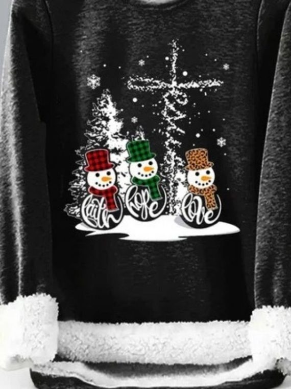 Black Casual Graphic Tops Round Neck Snoman Printed Long Sleeve Xmas Sweatshirts - Image 2